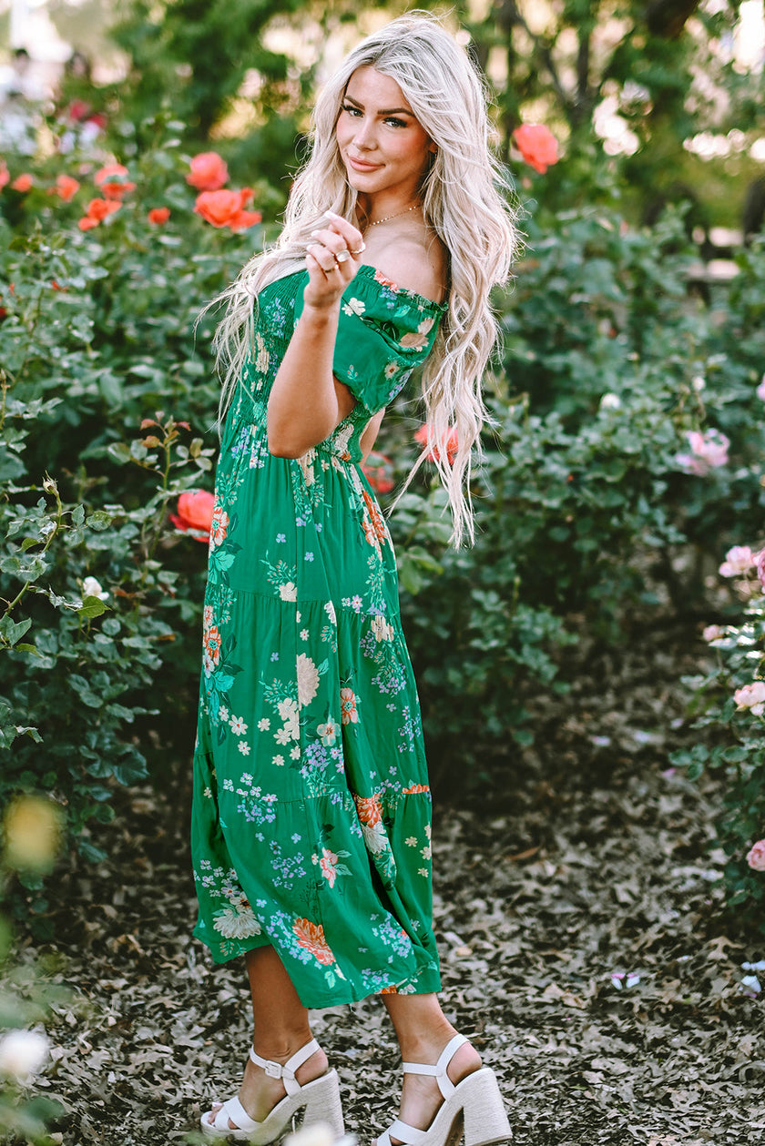Floral Bubble Sleeve Smocked Tiered Dress