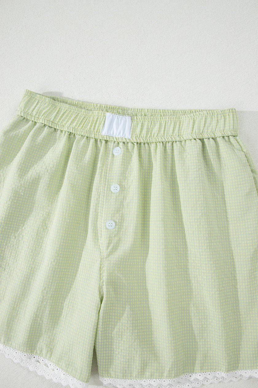 Gingham Plaid Button Lace Trim Boxer Shorts