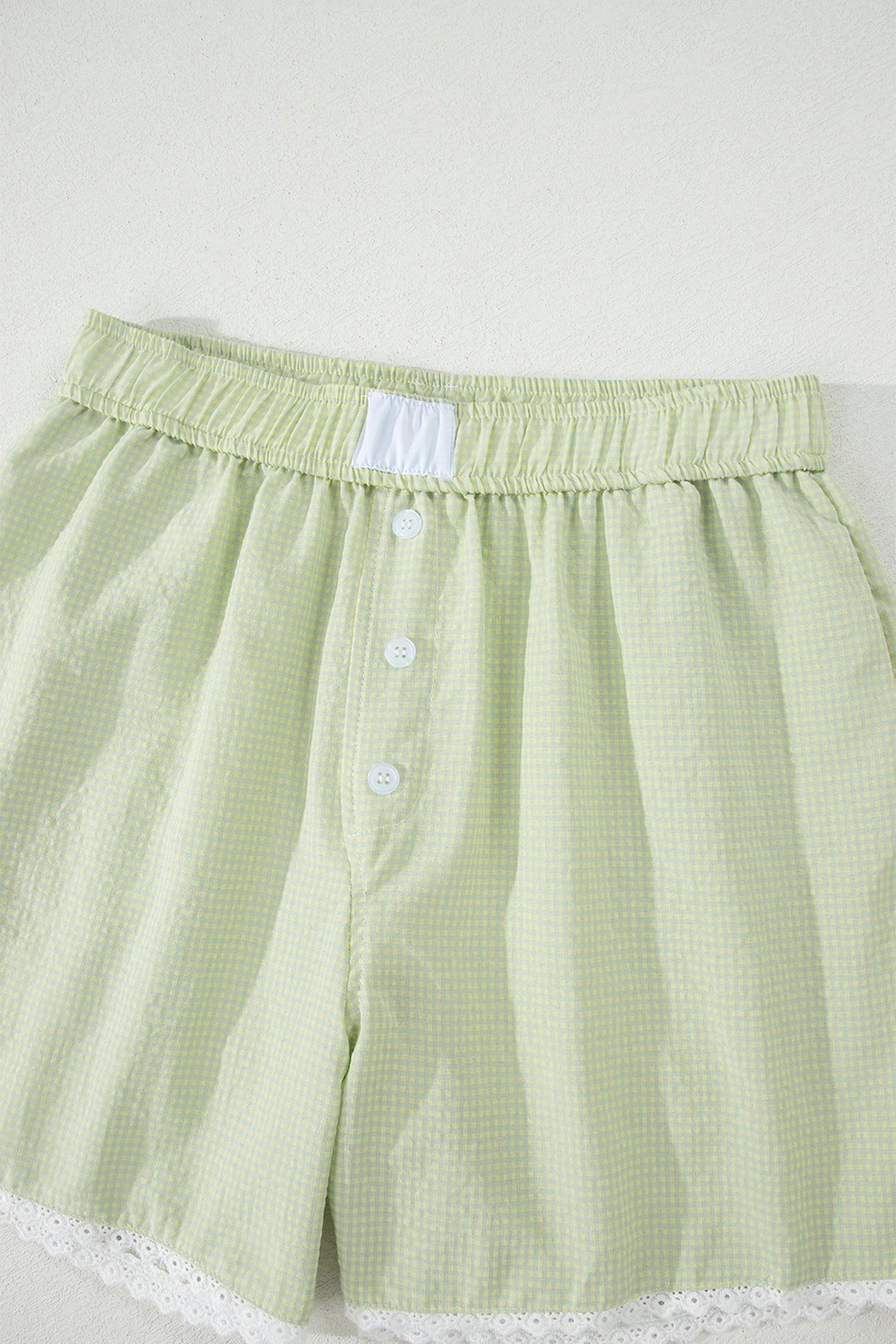 Gingham plaid boxer shorts with button and lace trim