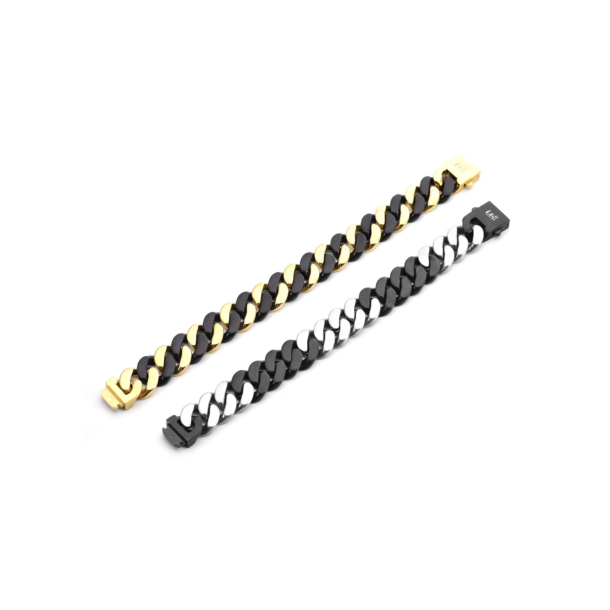 Bold High Polish 16mm 2 Tone Black & Stainless Steel Flat Cuban Link Bracelet
