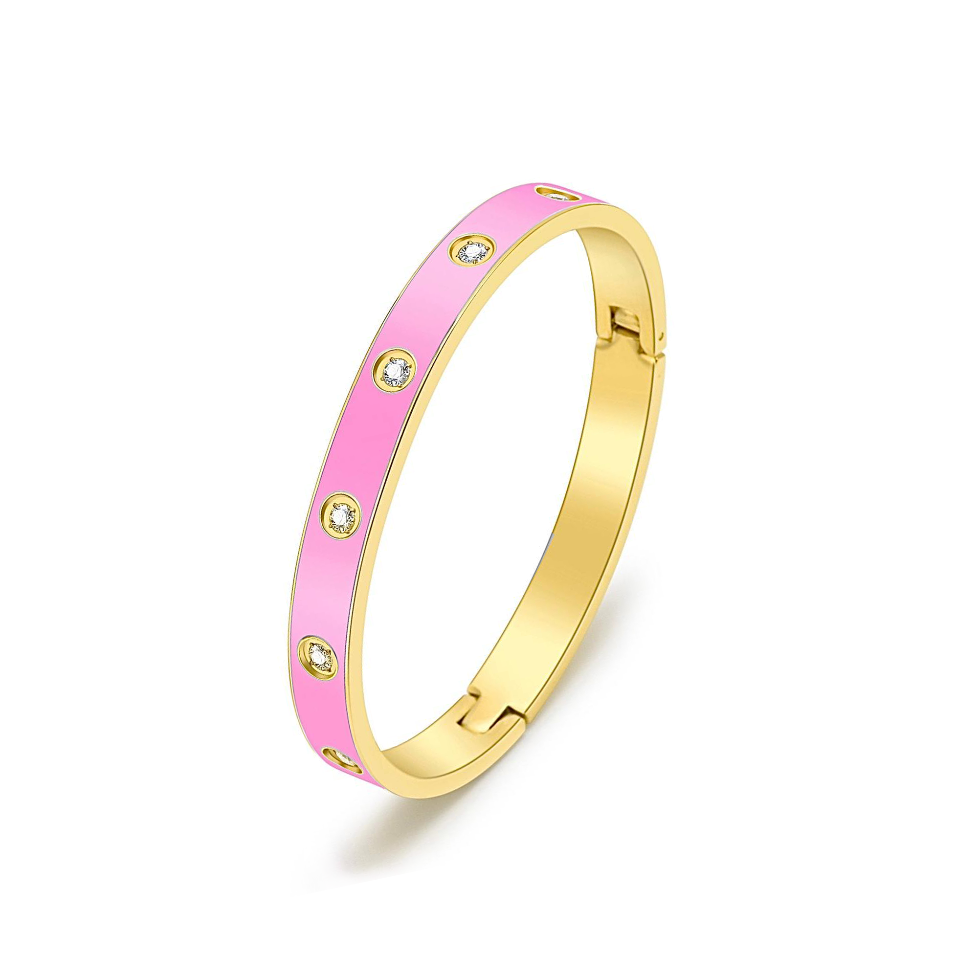 Feminine 8-Stone BARBIE Pink Enameled Gold Bangle Bracelet