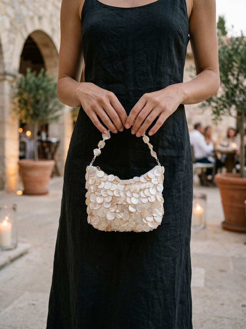 Luxe Handcrafted Mother of Pearl Disc Clutch for Special Occassion & Summer Vacations