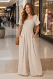 Bubble Sleeve Smocked Wide Leg Jumpsuit