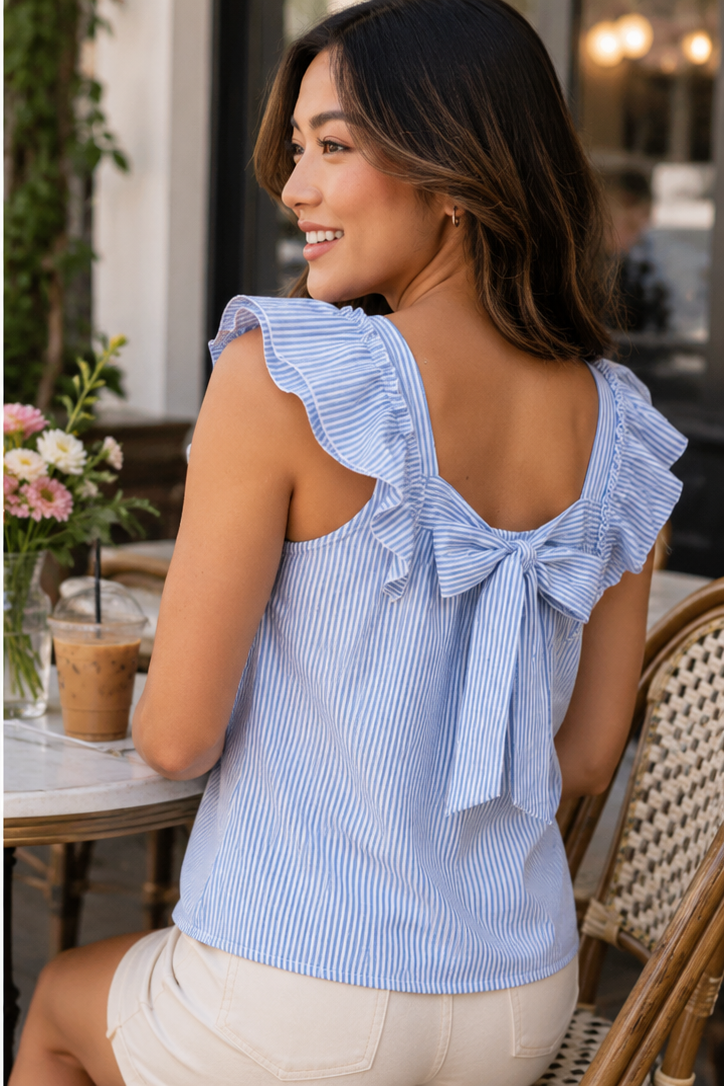 Charming Striped Bow Back Ruffle Sleeve Blouse