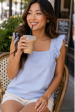 Charming Striped Bow Back Ruffle Sleeve Blouse