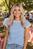 Stripe Contrast Trim Round Neck Cap Sleeve Top