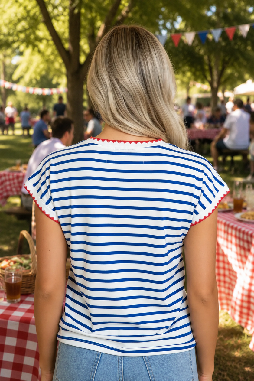 Stripe Contrast Trim Round Neck Cap Sleeve Top
