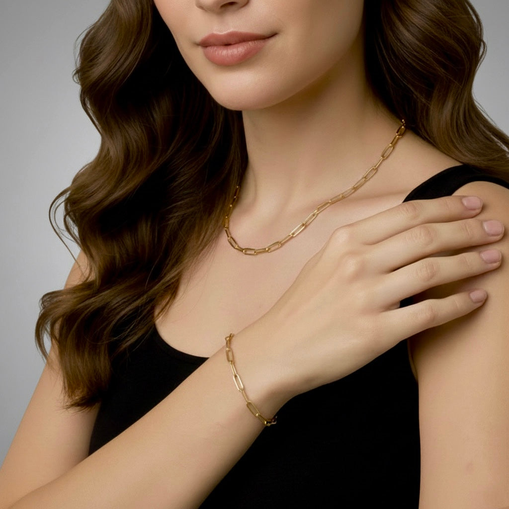 Gold paperclip necklace and bracelet matching set