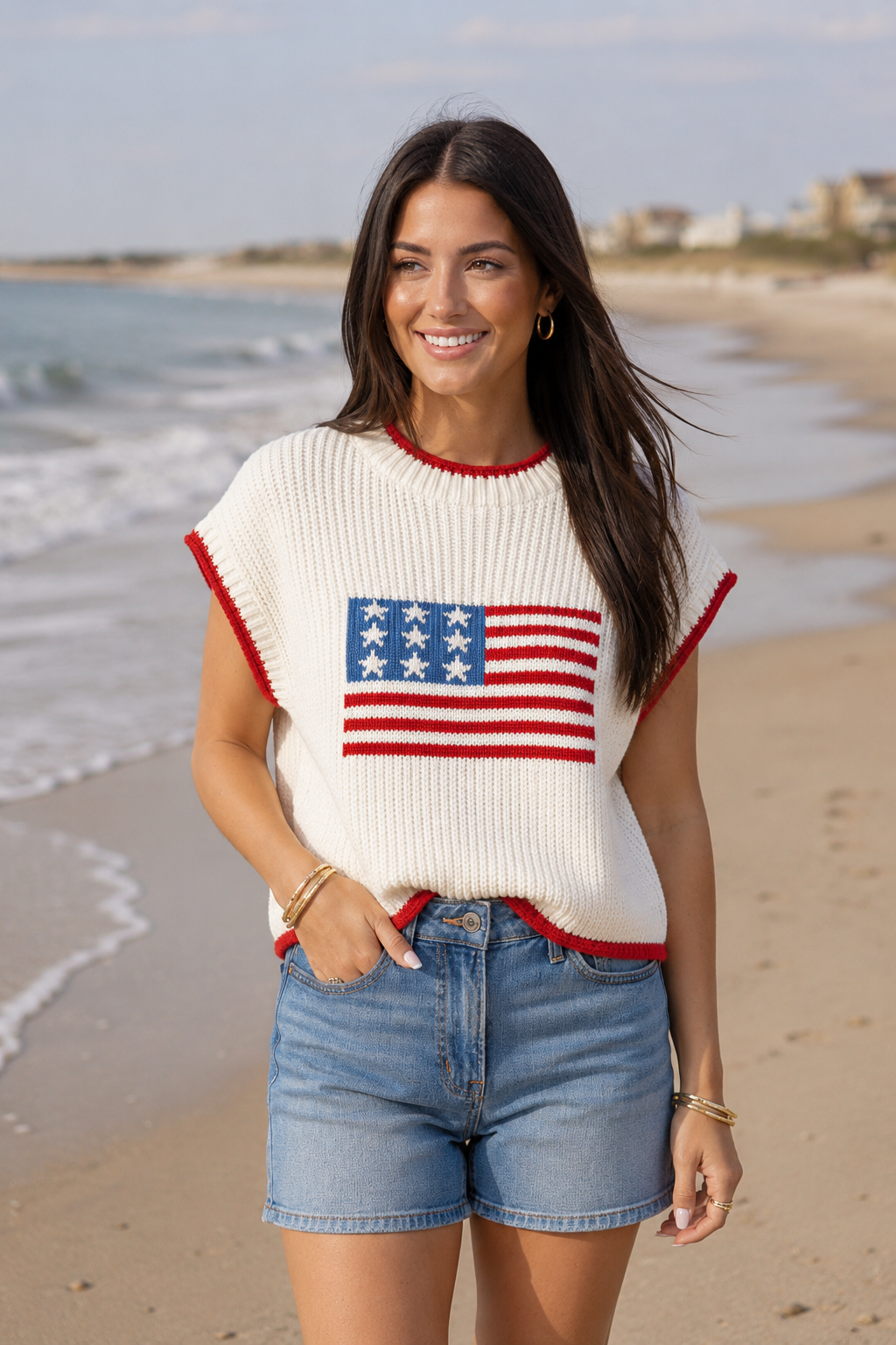 American Flag Cropped Short Sleeve Sweater