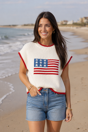 American Flag Cropped Short Sleeve Sweater