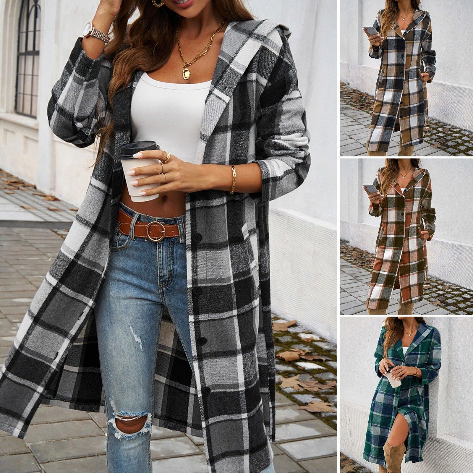 Contrasting Color Stylish Checkered Pattern Hooded Jacket