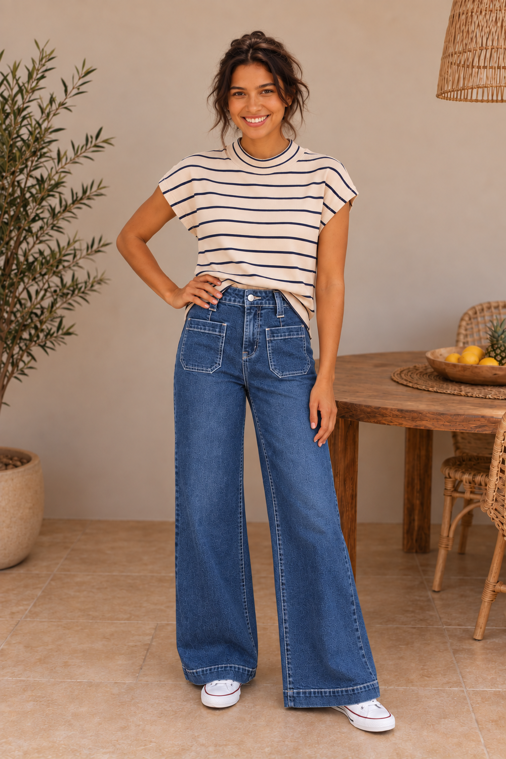 Denim Patch Pocket Wide Leg Jeans — front view