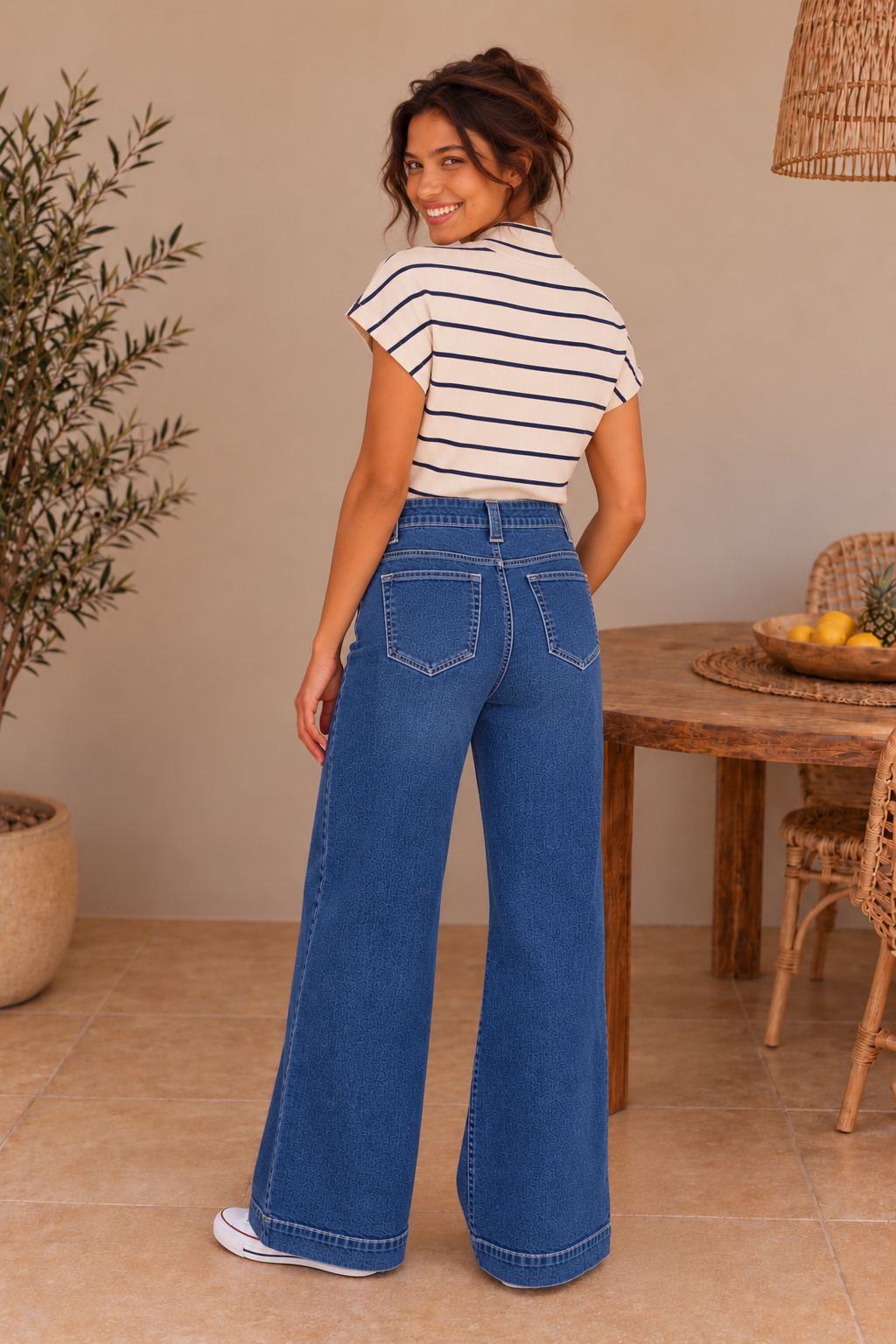 Denim Patch Pocket Wide Leg Jeans — back view