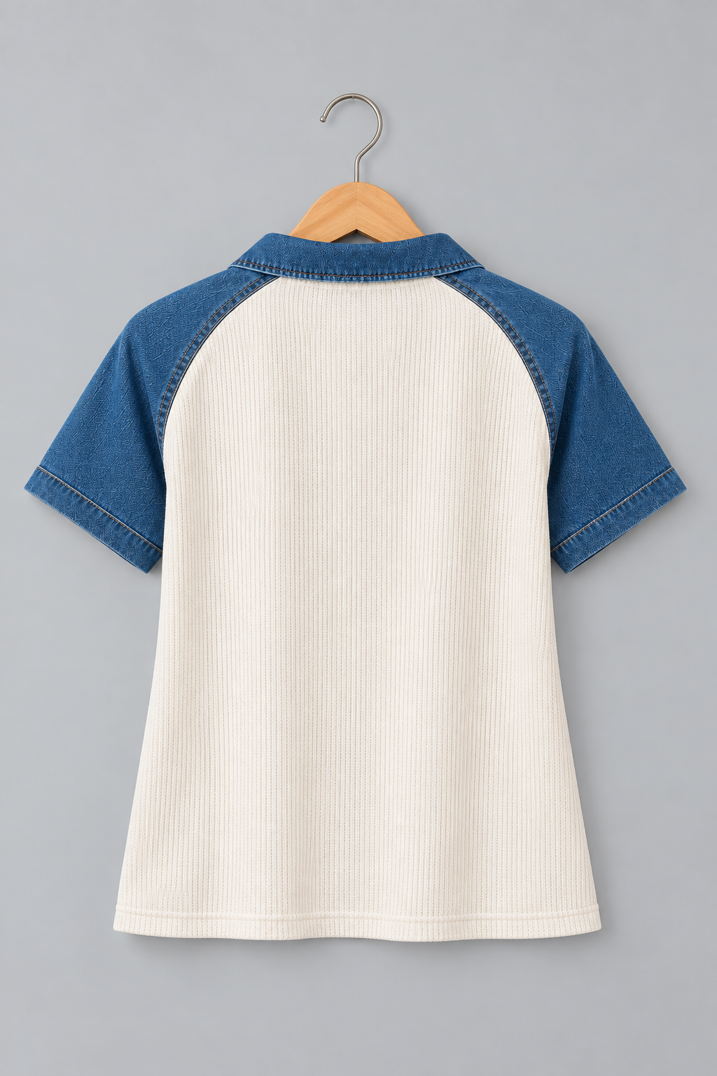 Denim Patchwork Colorblock Ribbed Polo