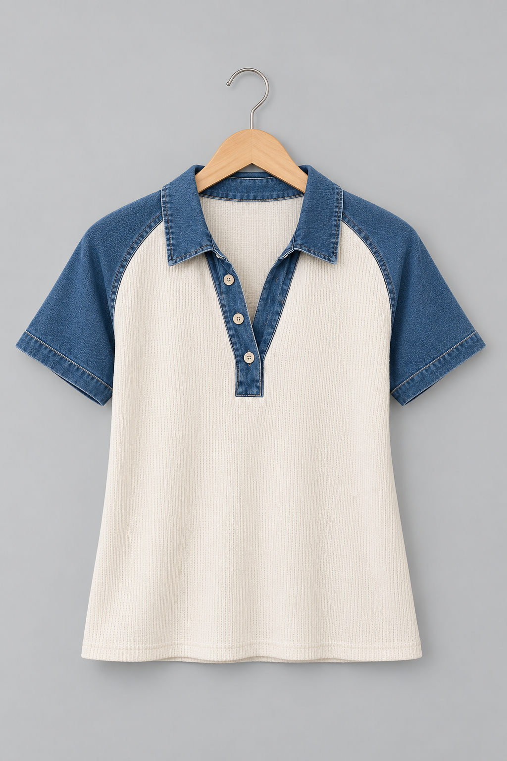 Denim Patchwork Colorblock Ribbed Polo