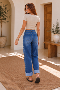 Denim Studded Side Seam Straight Leg Jeans