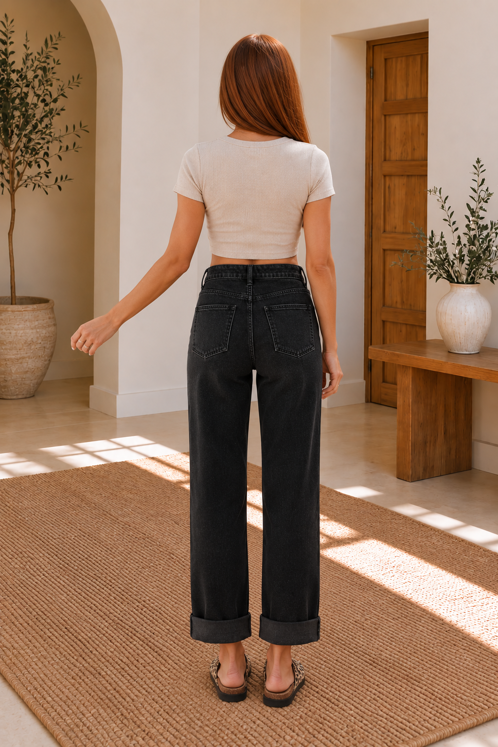 Denim Studded Side Seam Straight Leg Jeans