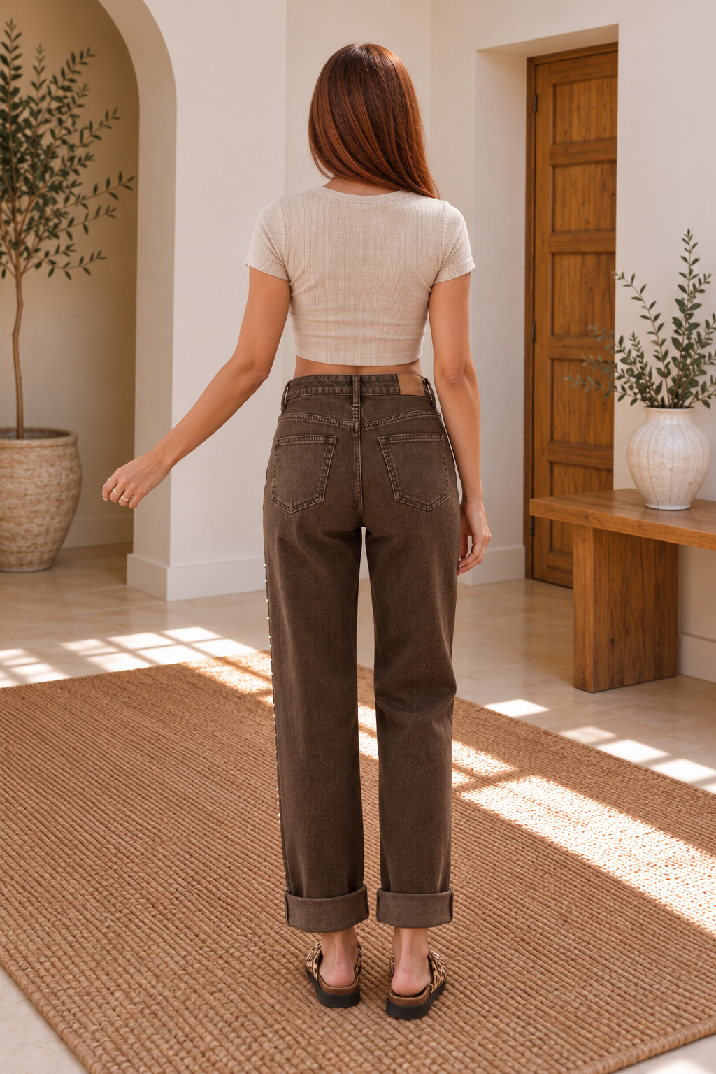 Denim Studded Side Seam Straight Leg Jeans