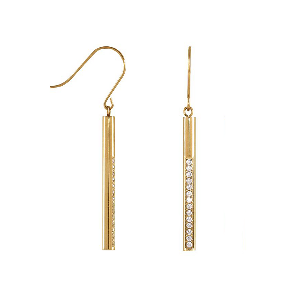 Gold dangling bar earrings with pavé stones