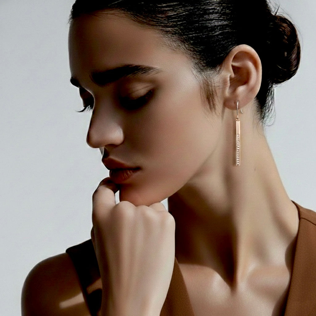 Rose gold dangling bar earrings with 14 pavé stones