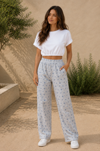 Floral elastic high-waist pants with relaxed silhouette