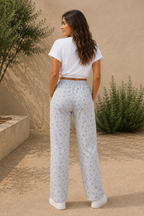 Floral elastic high-waist pants with relaxed silhouette