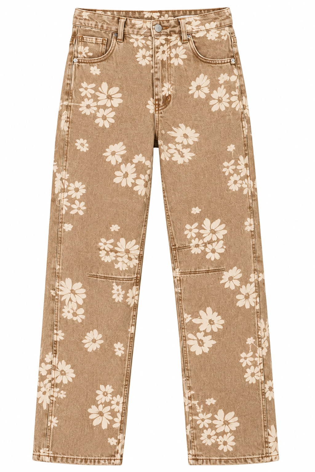 Floral high-waist straight-leg jeans — flat front