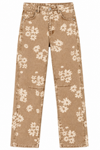 Floral high-waist straight-leg jeans — flat front