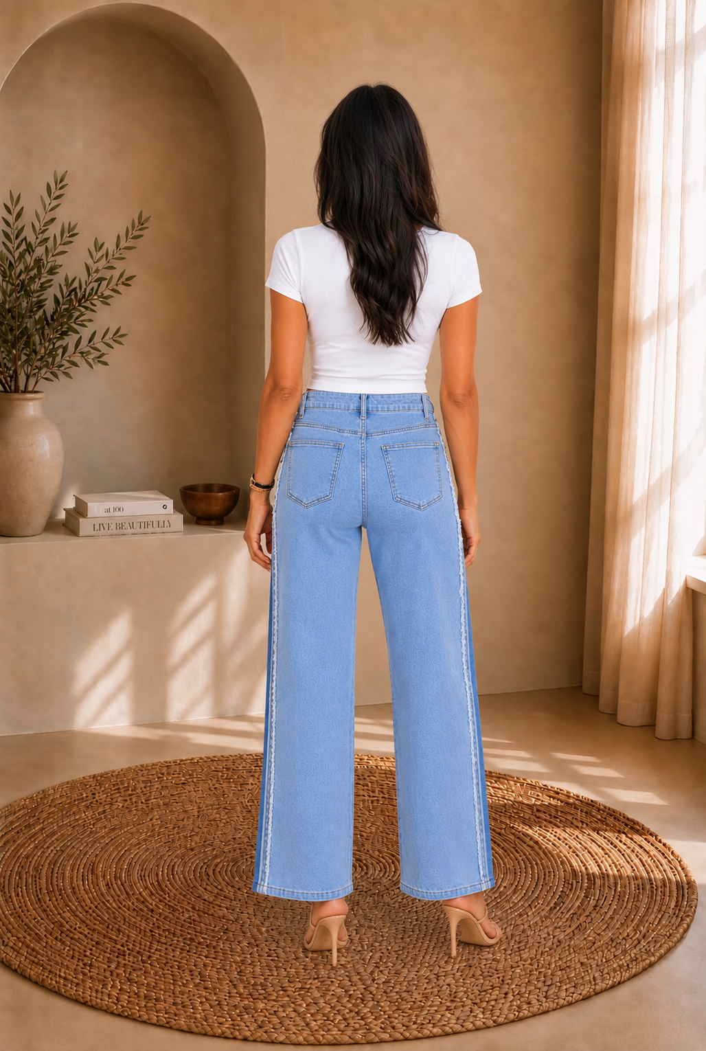 Frayed Raw Edge Side Panel Jeans — back view