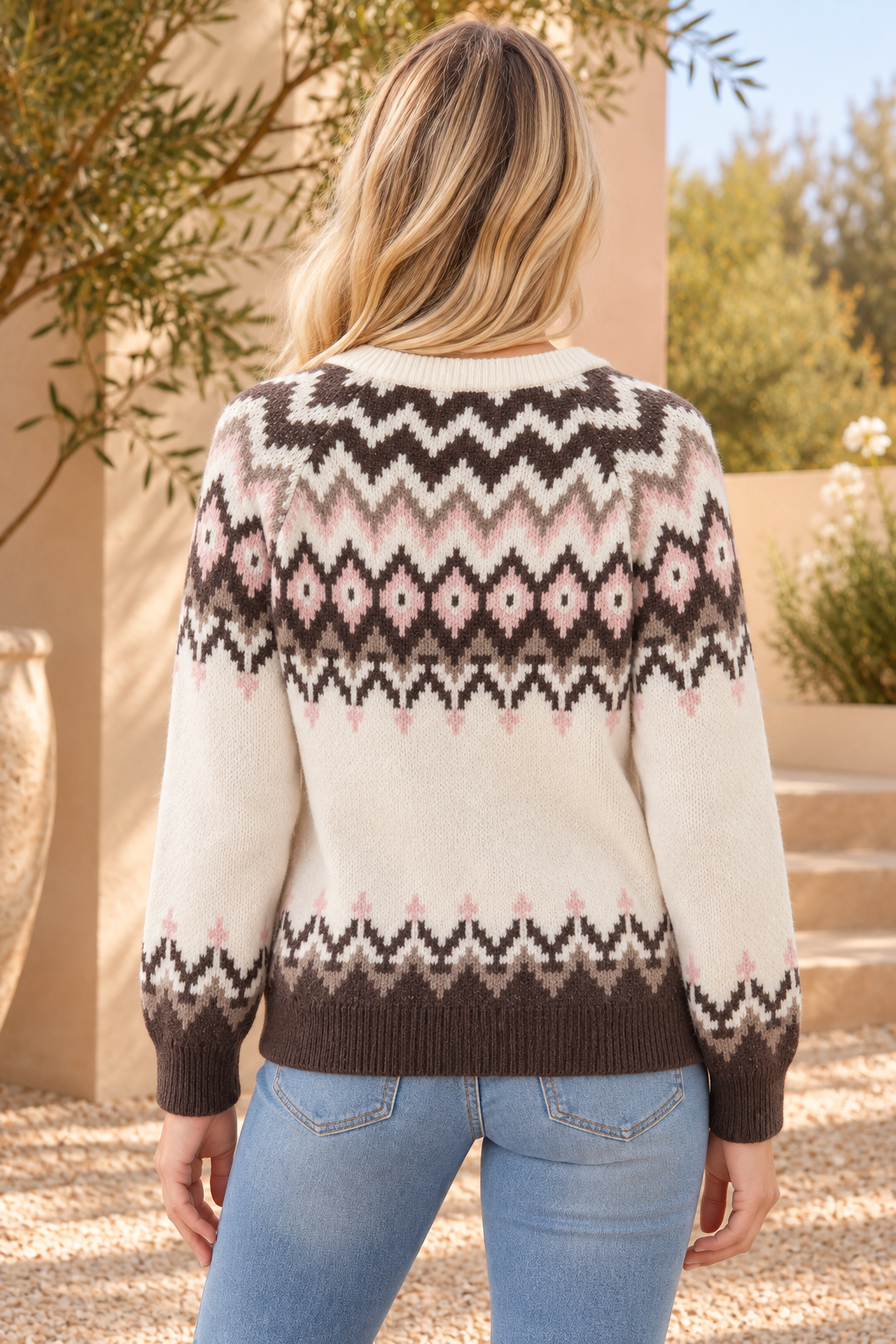 Geometric Fair Isle Brushed Knit Cardigan