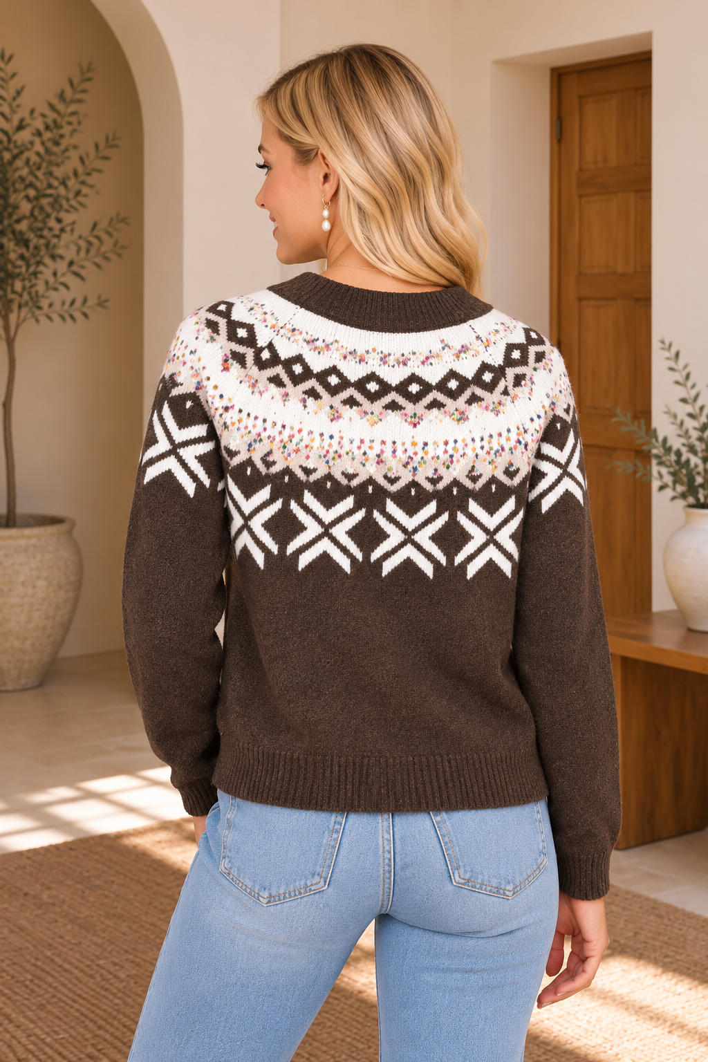 Holiday Geometric Fair Isle Raglan Sweater in Chicory Coffee, back view on model