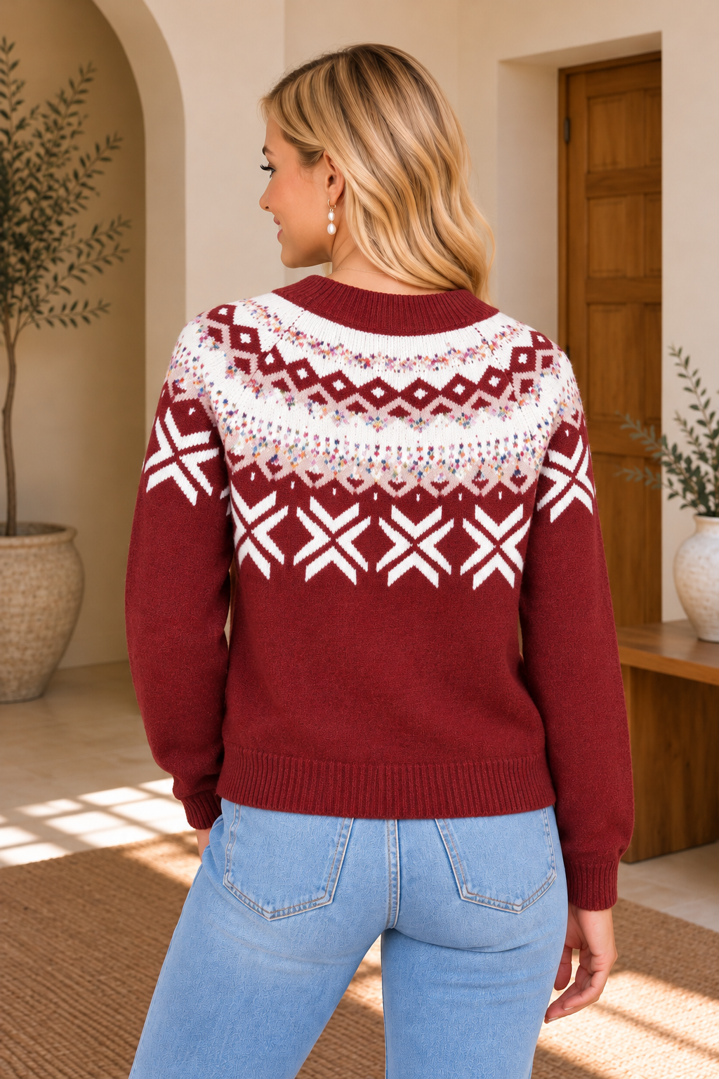 Holiday Geometric Fair Isle Raglan Sweater in Red Dahlia, back view on model