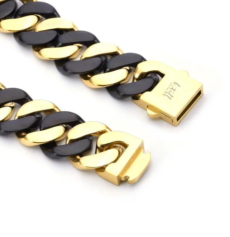 High-polish black and gold flat-link bracelet