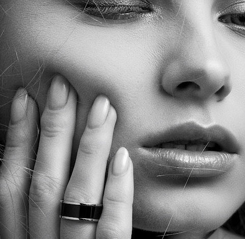 Luxe Black Enamel & Stainless Ring [Wide Band]