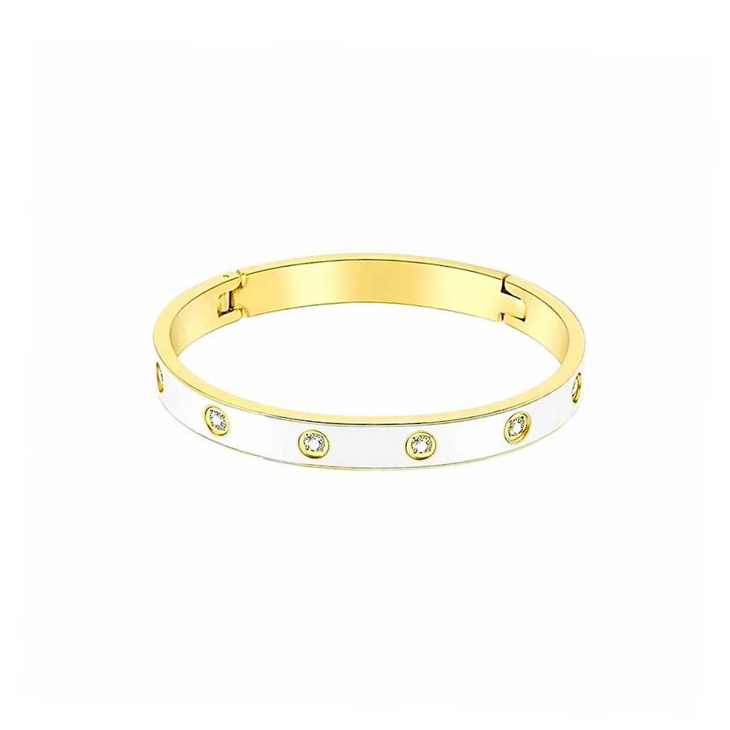 White enamel and gold bangle with eight stones