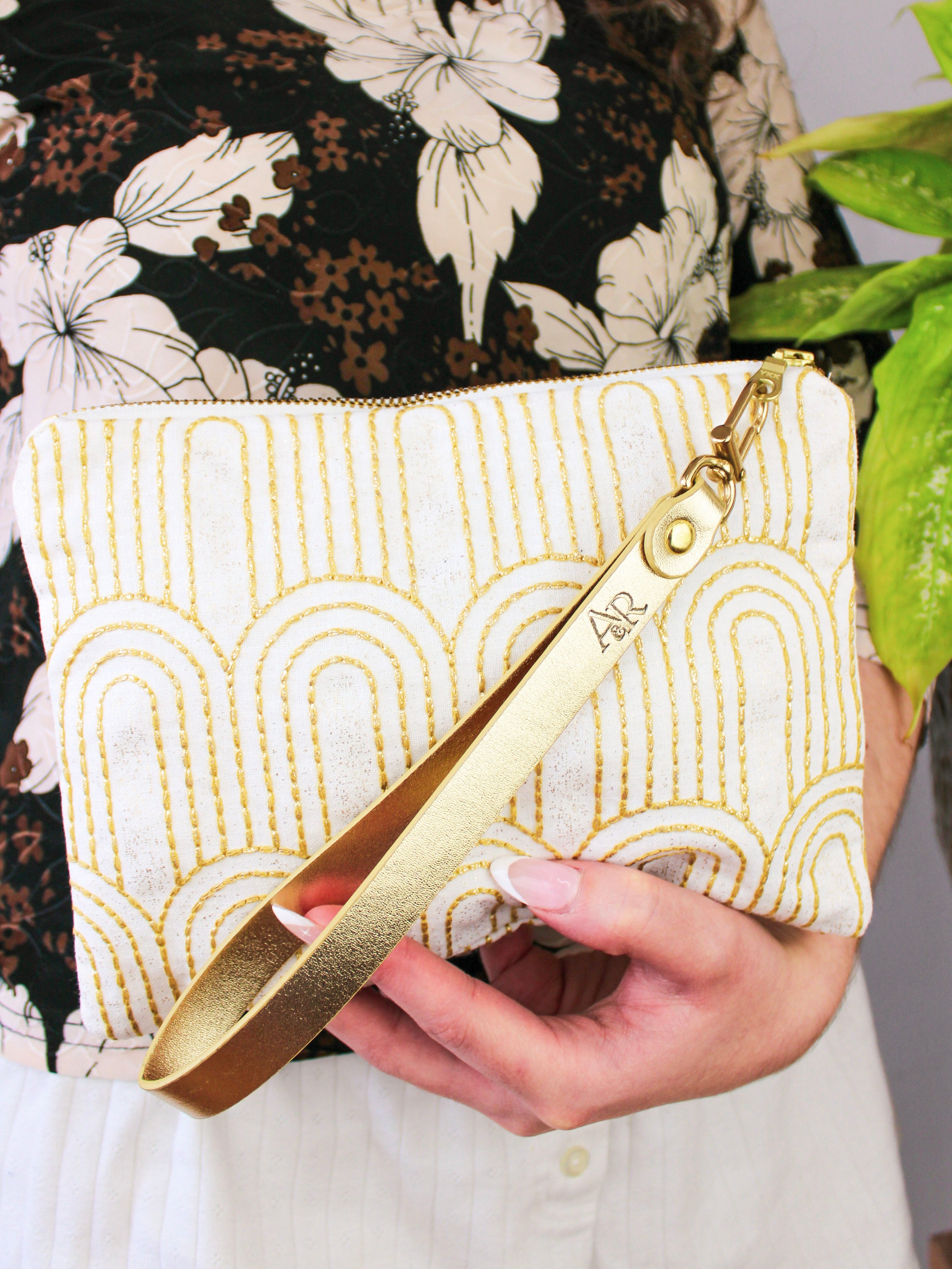 Josephine Embroidered Gold and White Wristlet