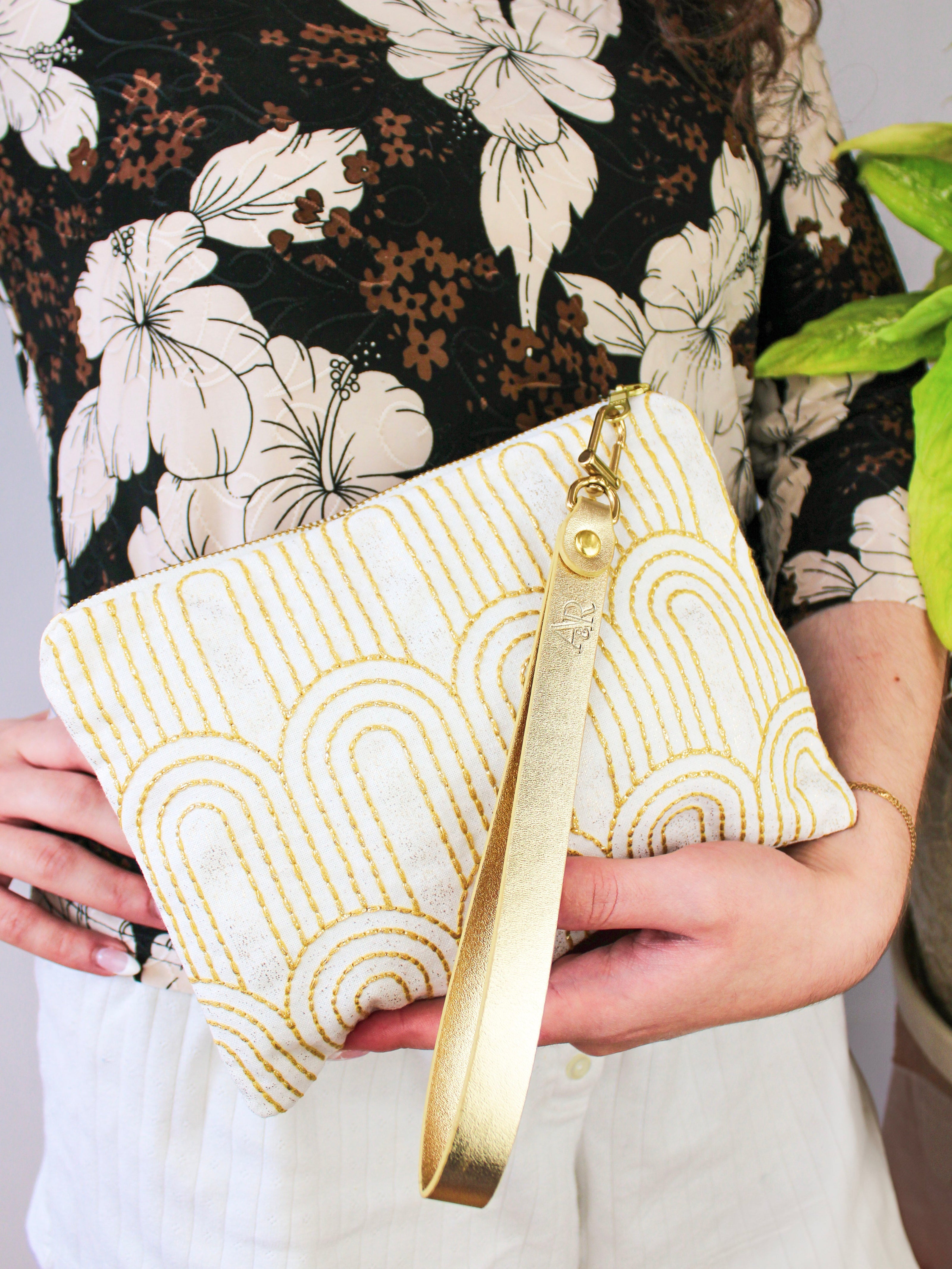 Josephine Embroidered Gold and White Wristlet
