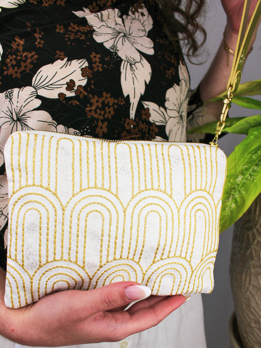 Josephine Embroidered Gold and White Wristlet