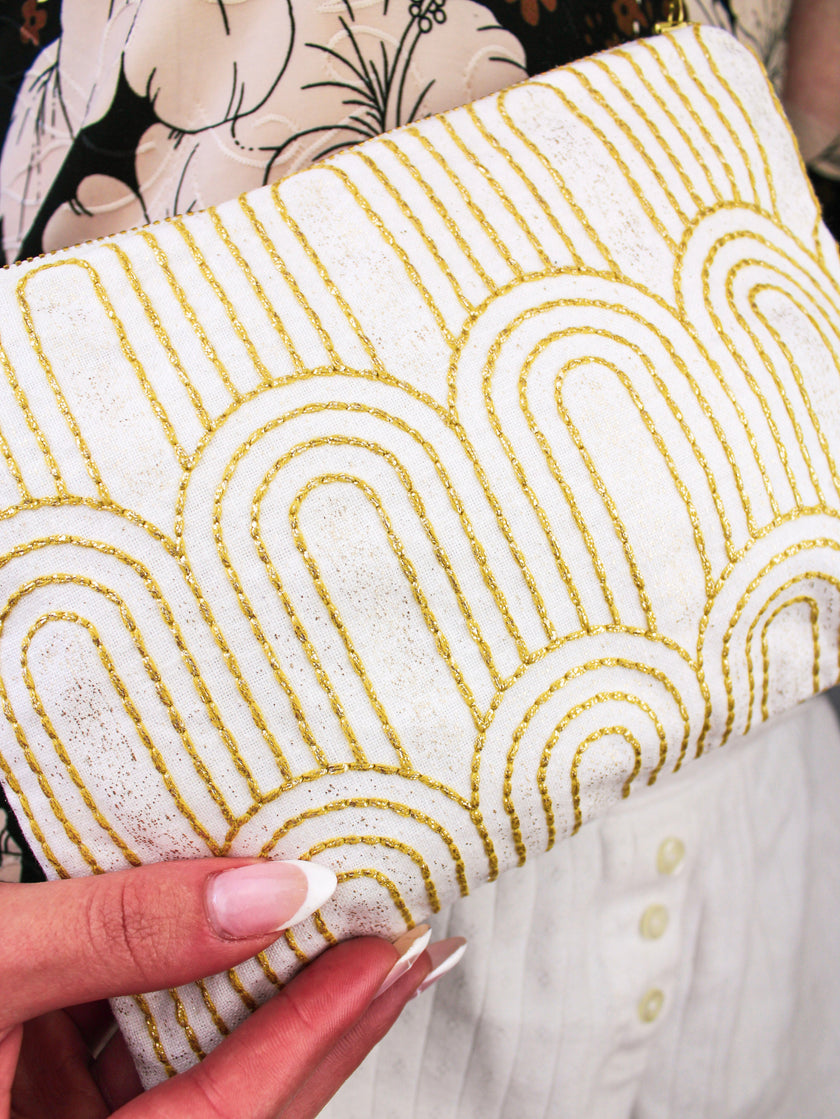 Josephine Embroidered Gold and White Wristlet