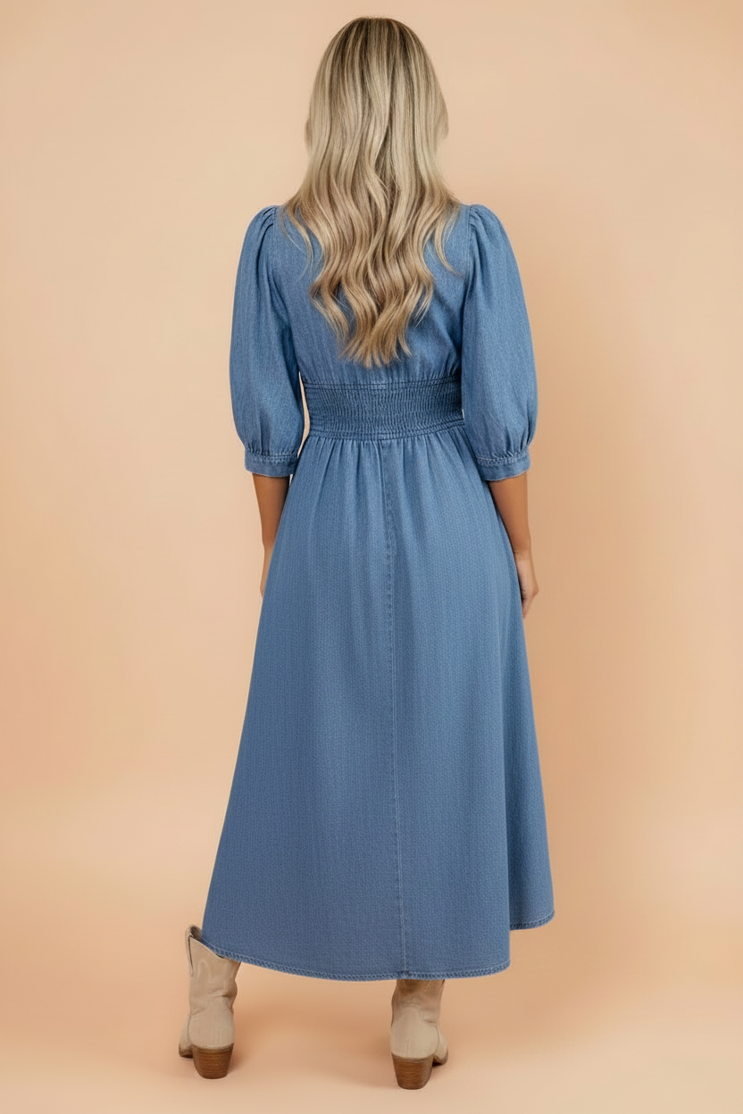 Denim Shirred Waist Zip-Up V-Neck Midi Dress