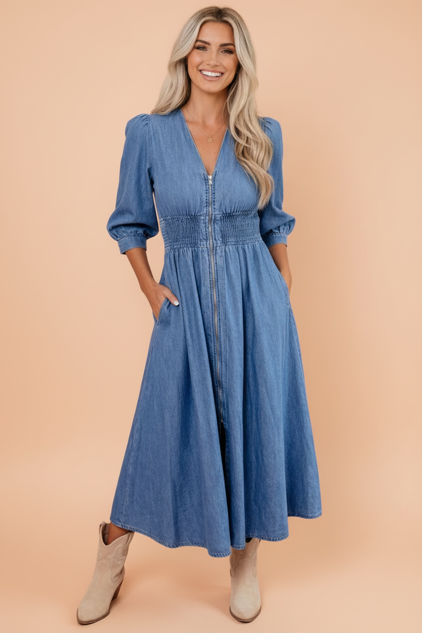 Denim Shirred Waist Zip-Up V-Neck Midi Dress