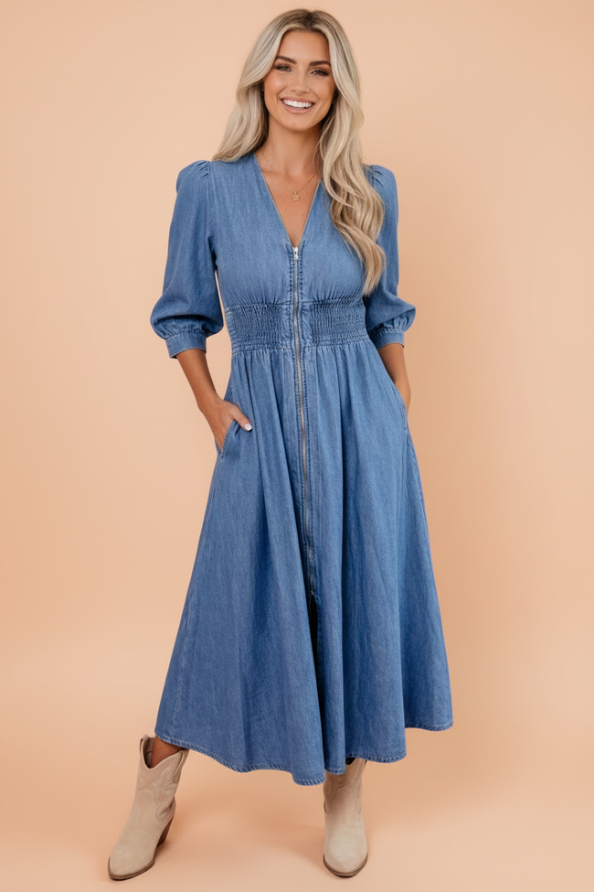 Denim Shirred Waist Zip-Up V-Neck Midi Dress