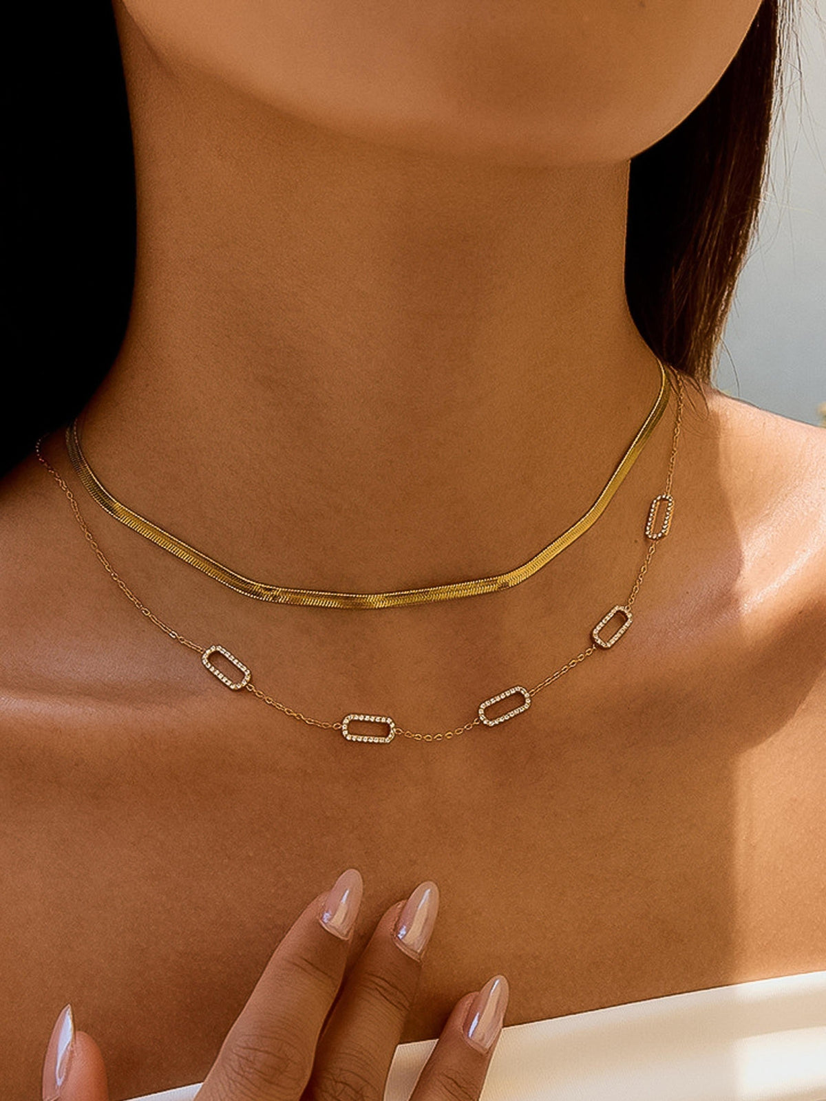 Nave Necklace with polished paperclip links and crystal pavé accents