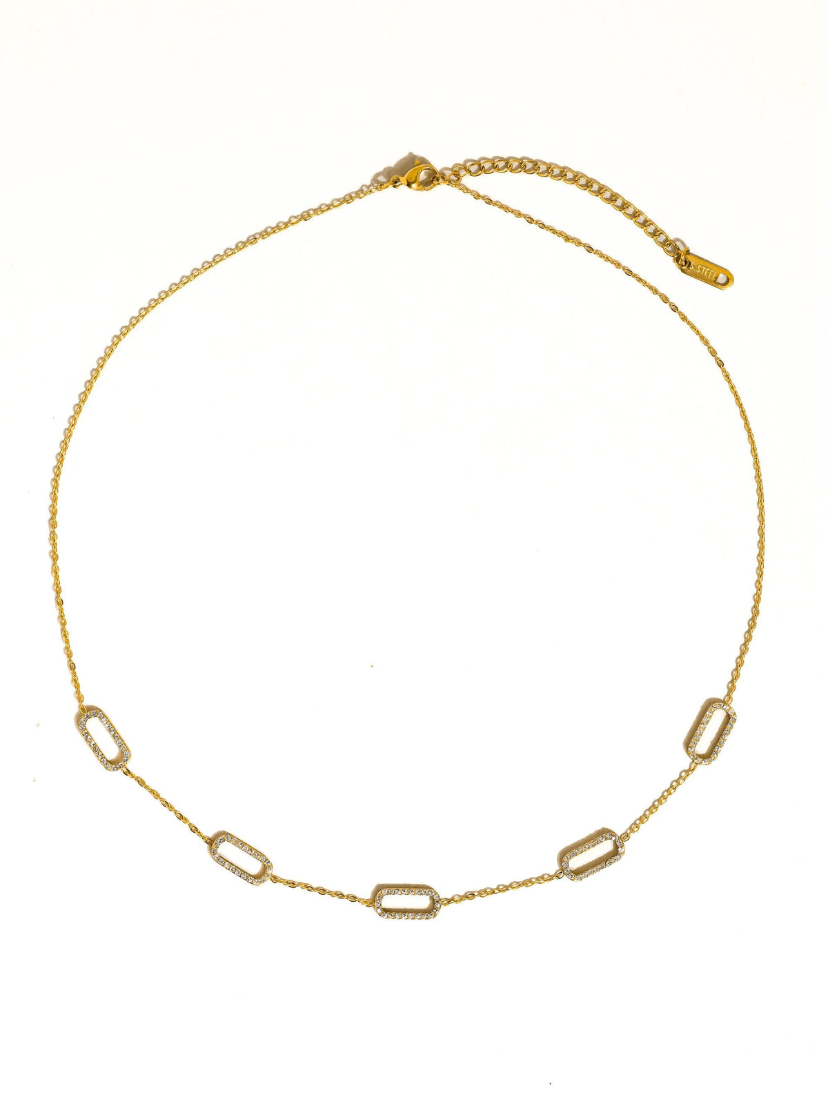 Nave Necklace with polished paperclip links and crystal pavé accents
