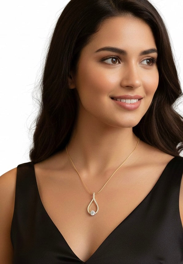 Gold Larme solitaire pendant necklace with pavé accents
