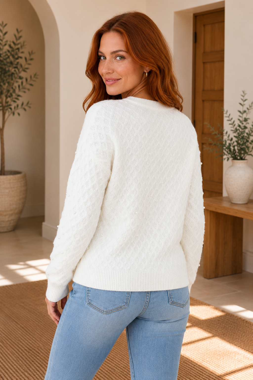 Pearl Embellished Textured Knit Sweater