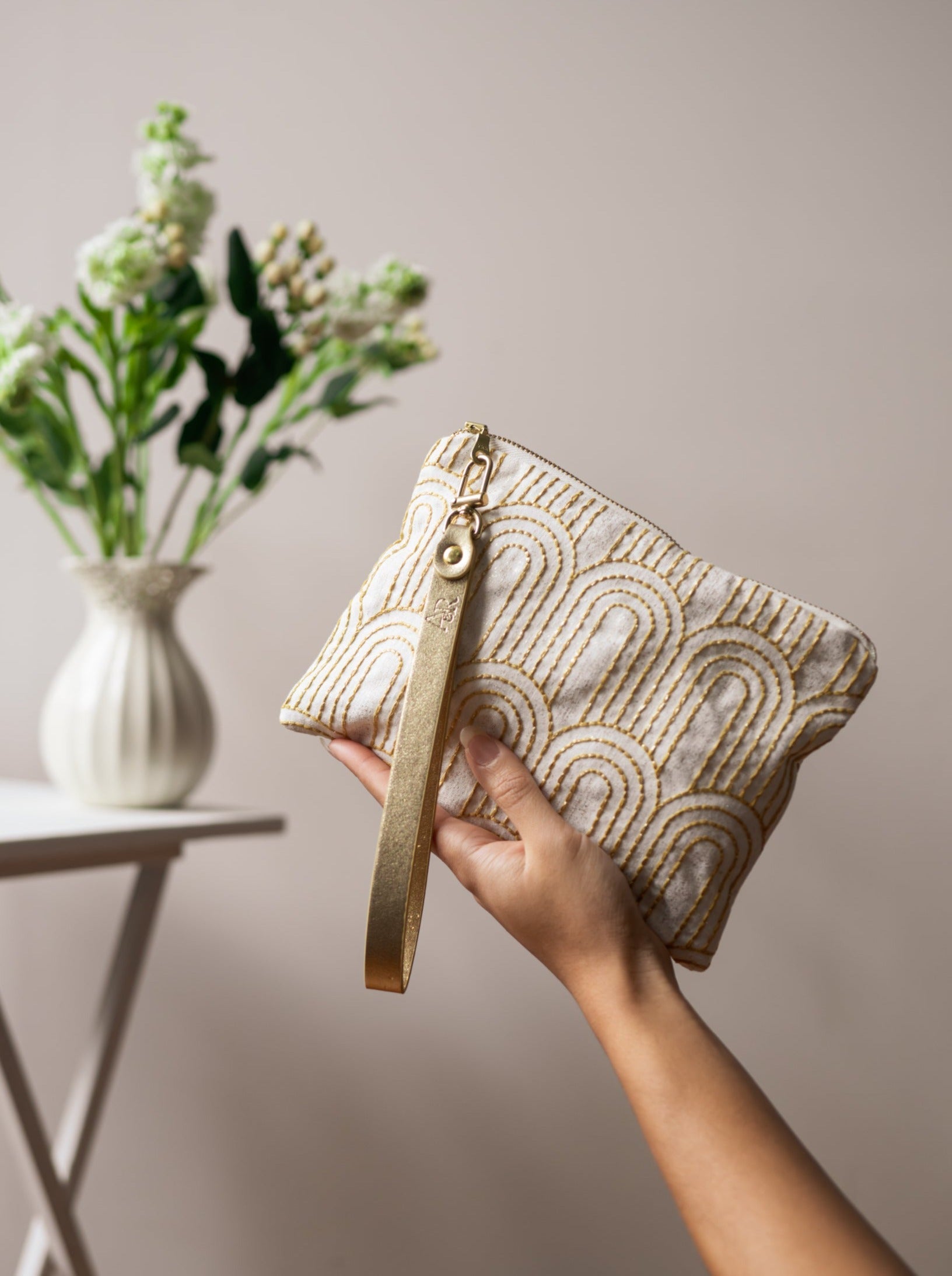 Josephine Embroidered Gold and White Wristlet