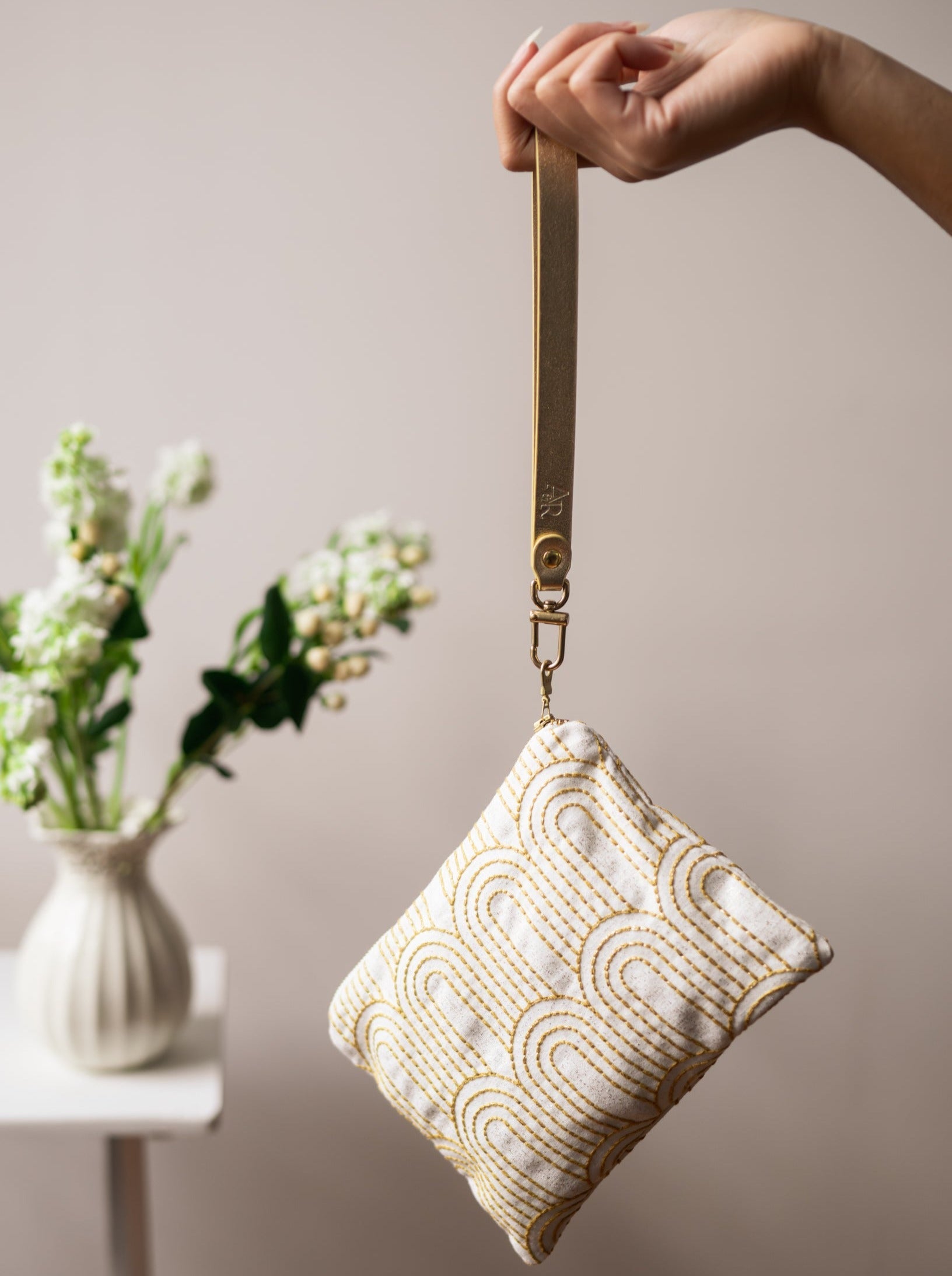 Josephine Embroidered Gold and White Wristlet