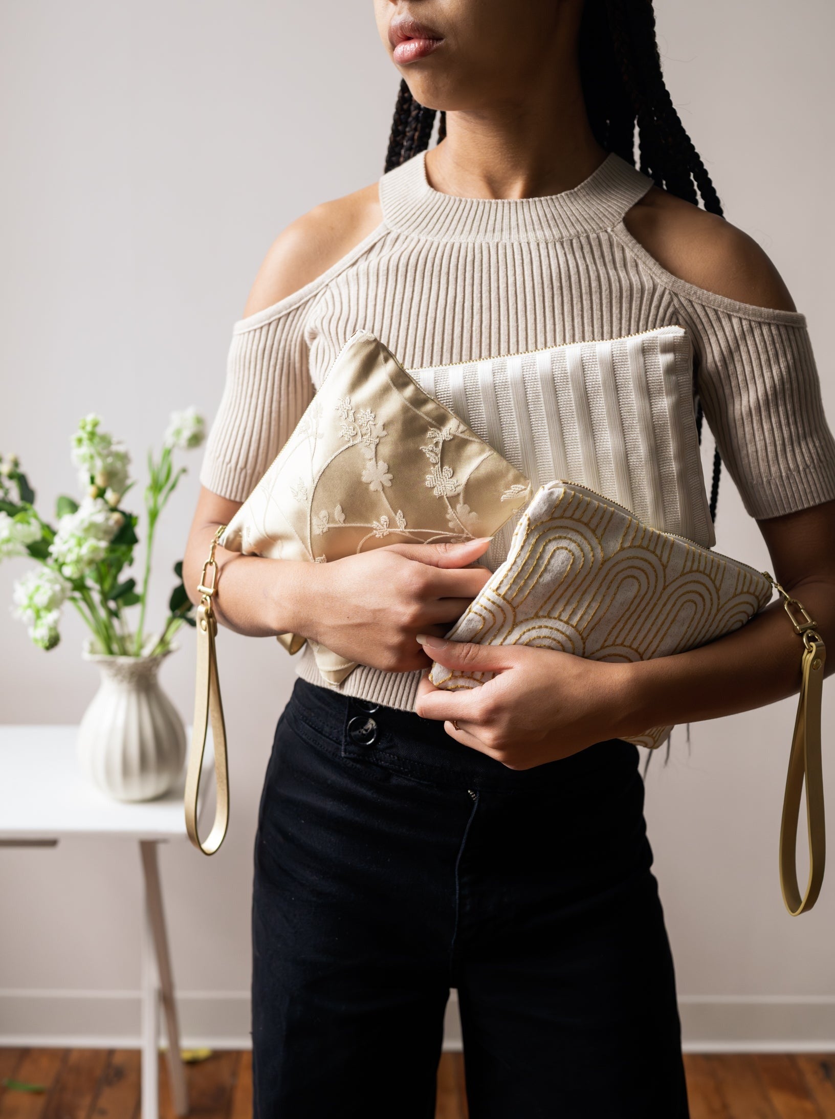 Josephine Embroidered Gold and White Wristlet