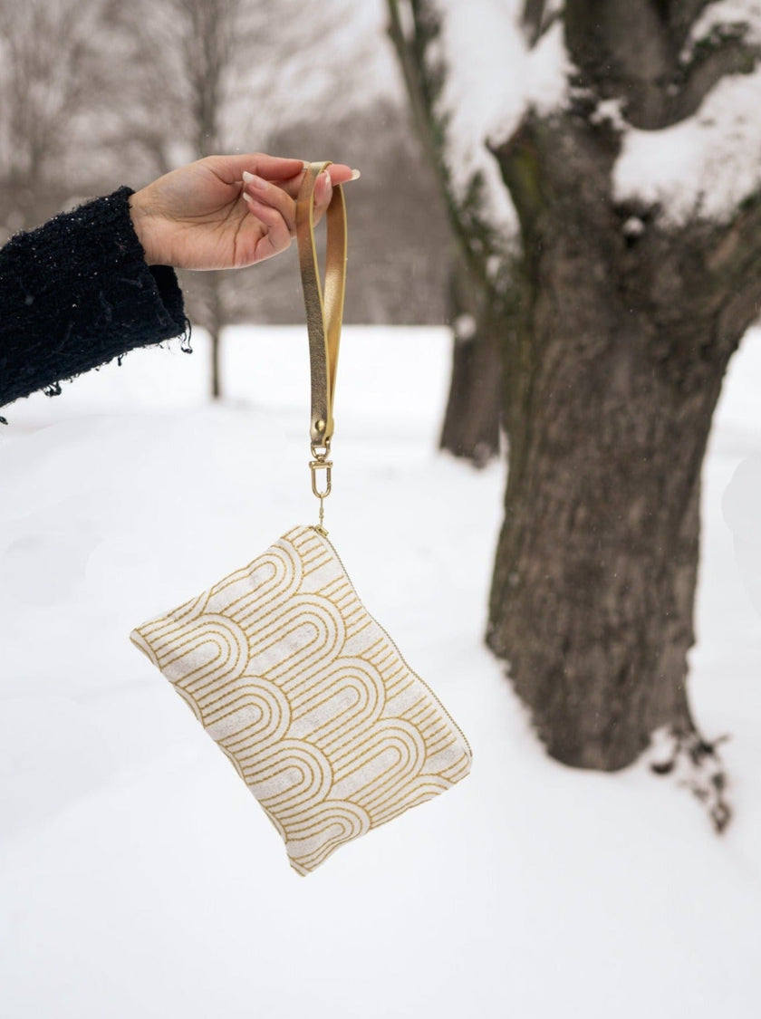 Josephine Embroidered Gold and White Wristlet